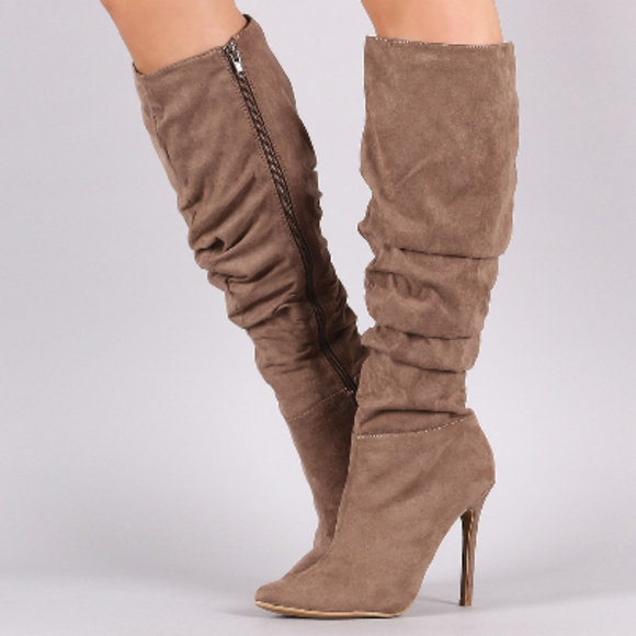 Womens Taupe Pointy Toe Slouchy Knee High Boots - Picture 2 of 3